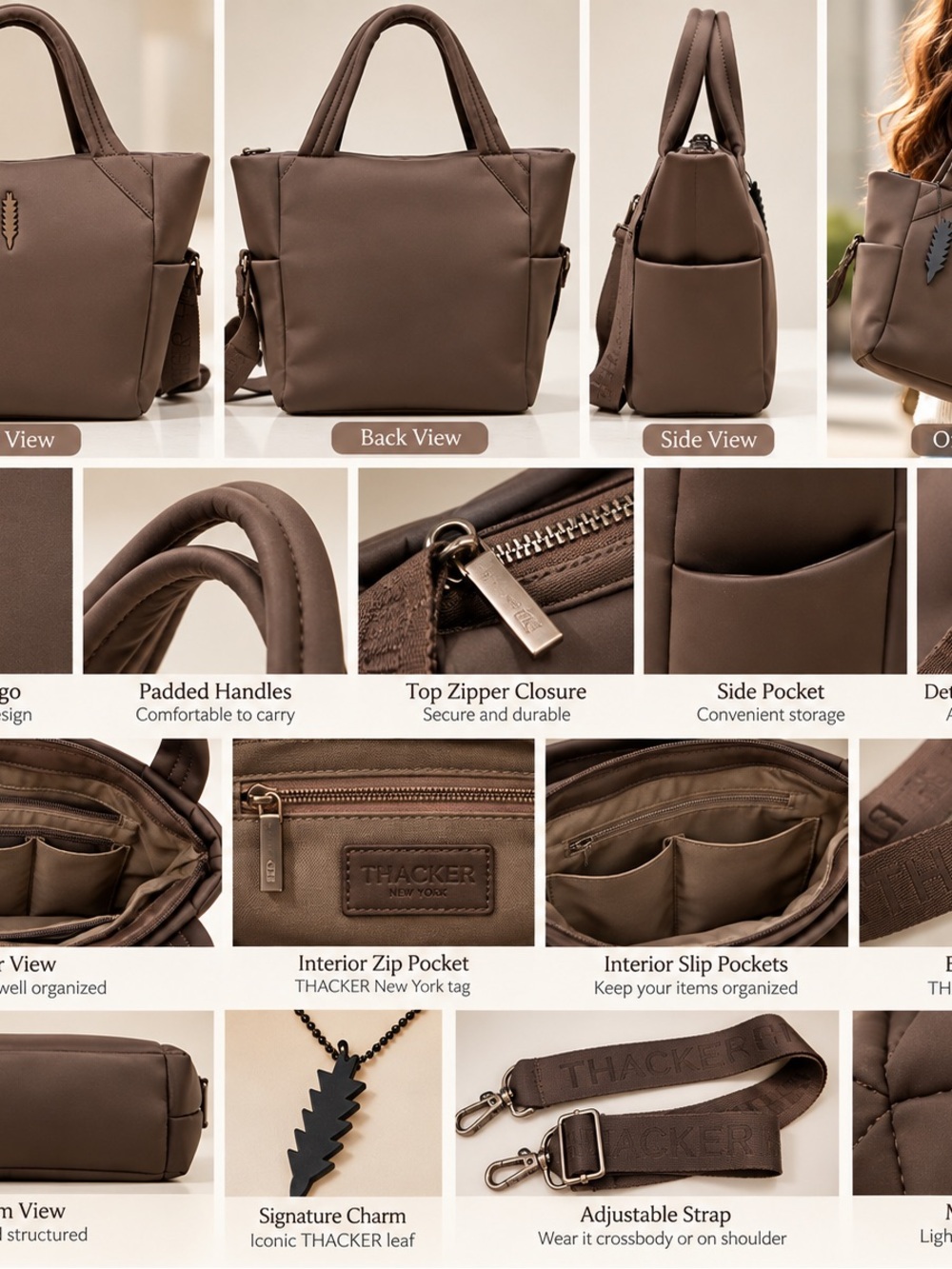 Thacker Tery Neoprene Tote Brown Bag with Crossbody Strap